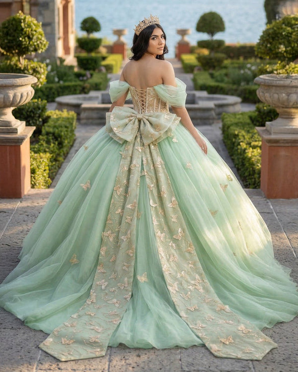 Ball Gown Sage Green Tulle Quinceanera Dress With Butterflies - KissProm