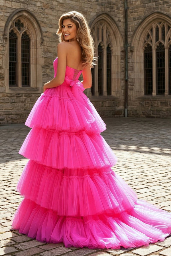 A - line High Low Strapless Tulle Prom Dress with Ruffles - KissProm