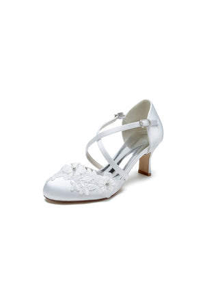 Sweet Round Toe Thin Strap Chunky Heels with Lace - KissProm