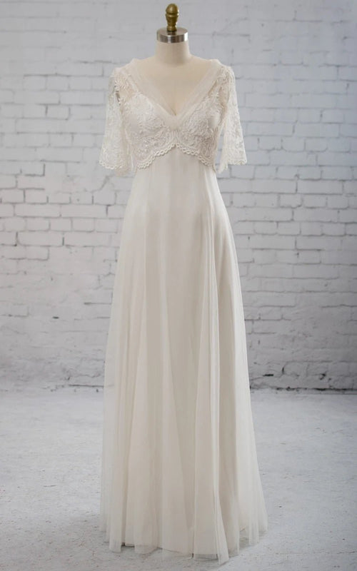 Sweetheart A-line Chiffon Dress With Half-sleeved Illusion Bodice