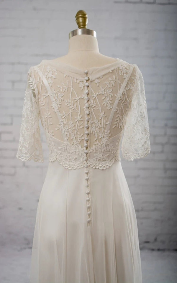 Sweetheart A-line Chiffon Dress With Half-sleeved Illusion Bodice