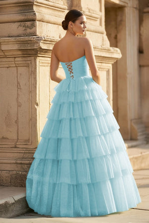 Mint Green Sweetheart Tulle Tiered A - Line Long Prom Dress with Slit - KissProm