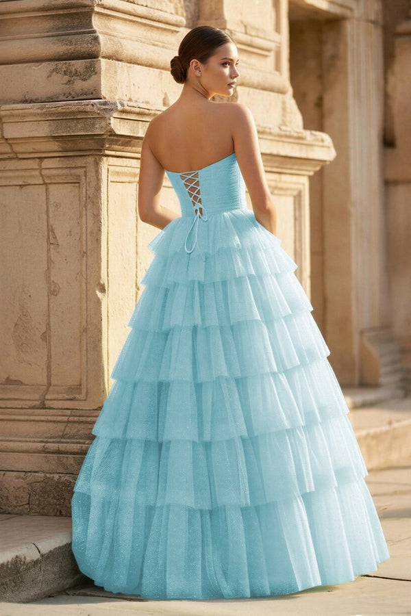 Mint Green Sweetheart Tulle Tiered A - Line Long Prom Dress with Slit - KissProm