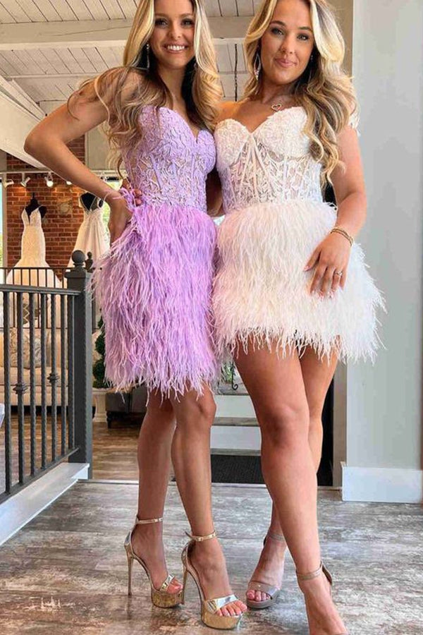 Amina |Sheath Sweetheart Lace Feather Skirt Homecoming Dress