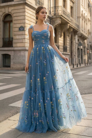 Spaghetti Straps Neck Floor Length Tulle Embroidery Floral Prom Dress - KissProm