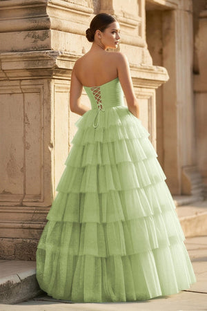 Mint Green Sweetheart Tulle Tiered A - Line Long Prom Dress with Slit - KissProm