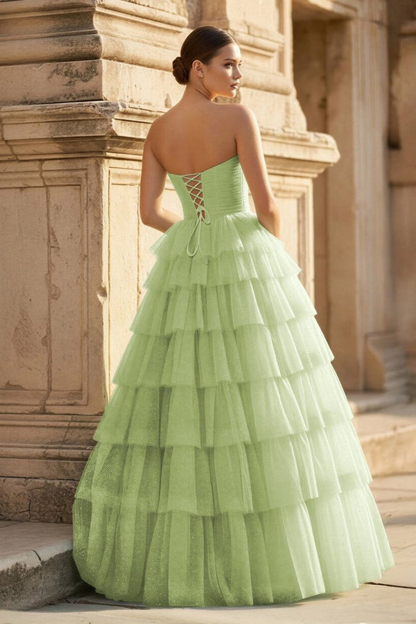 Mint Green Sweetheart Tulle Tiered A - Line Long Prom Dress with Slit - KissProm