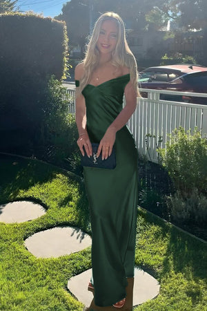 Aqua Off The Shoulder Sheath Satin Long Prom Dress – Prom Dresses by KissProm | Available at KissProm