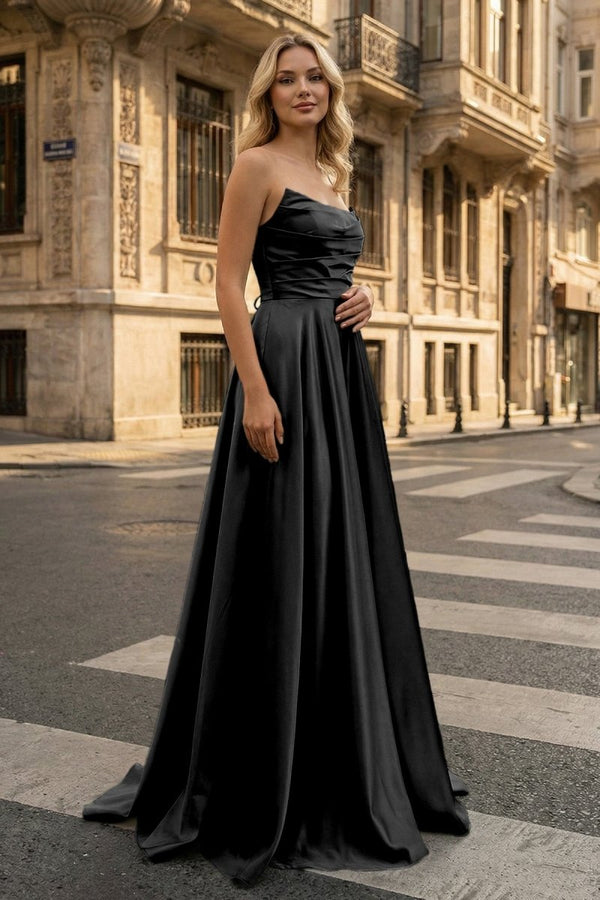Strapless Sage Green Satin A - line Long Prom Dress With Slit - KissProm