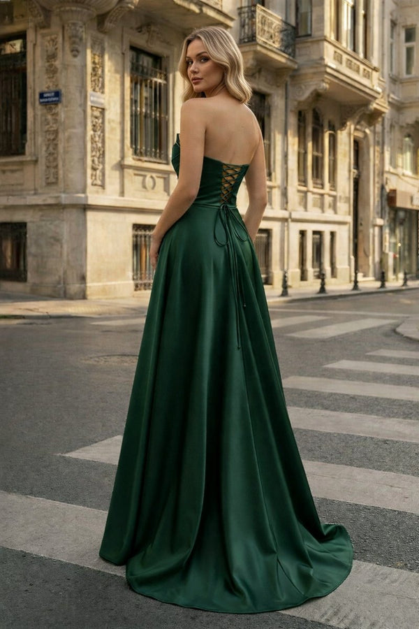 Strapless Sage Green Satin A - line Long Prom Dress With Slit - KissProm