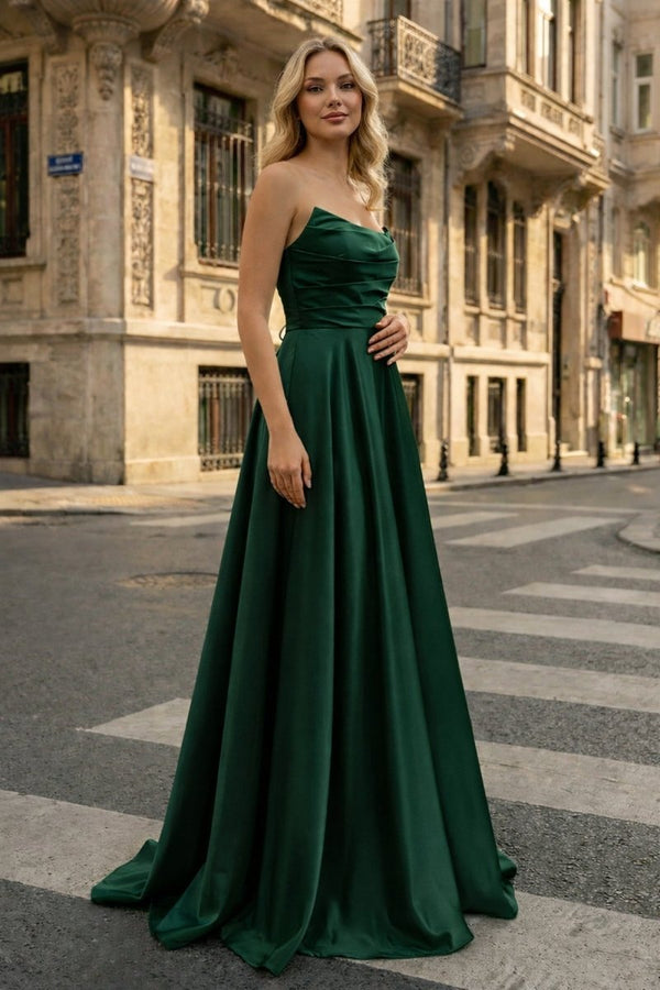 Strapless Sage Green Satin A - line Long Prom Dress With Slit - KissProm