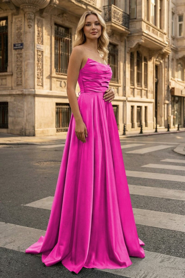 Strapless Sage Green Satin A - line Long Prom Dress With Slit - KissProm