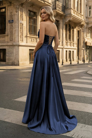 Strapless Sage Green Satin A - line Long Prom Dress With Slit - KissProm