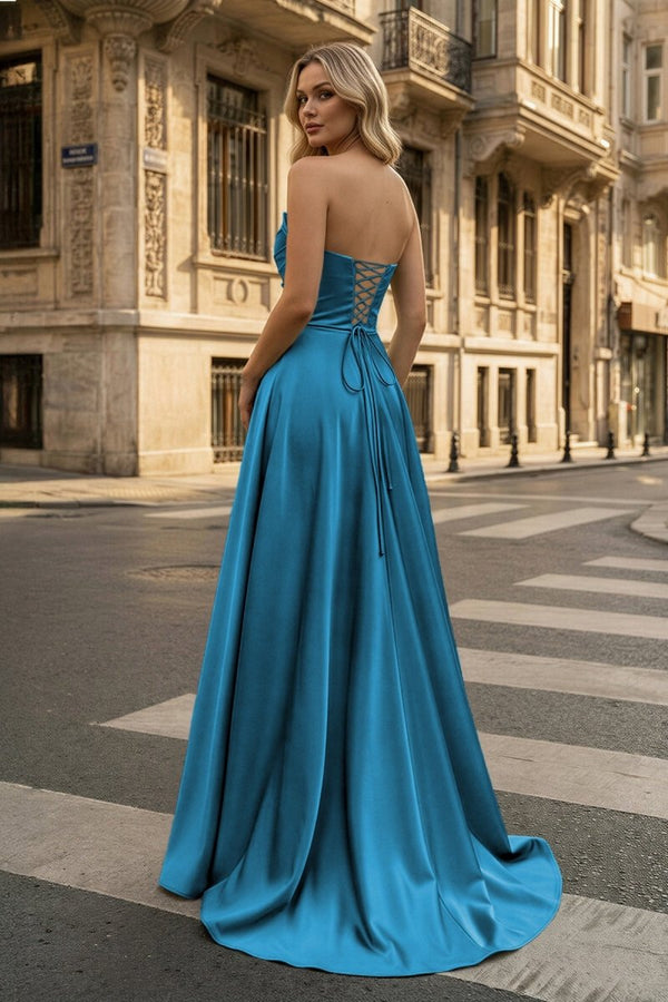 Strapless Sage Green Satin A - line Long Prom Dress With Slit - KissProm