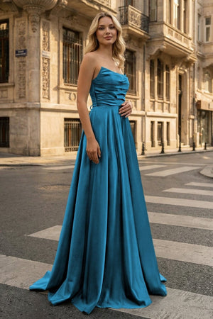 Strapless Sage Green Satin A - line Long Prom Dress With Slit - KissProm