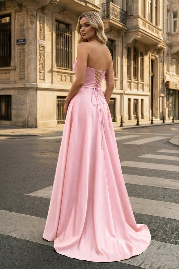 Strapless Sage Green Satin A - line Long Prom Dress With Slit - KissProm