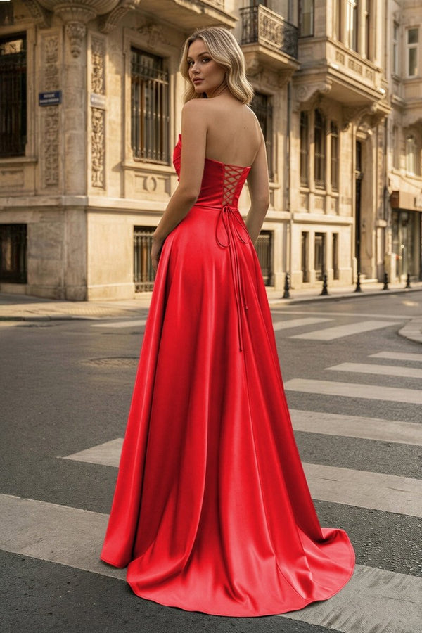 Strapless Sage Green Satin A - line Long Prom Dress With Slit - KissProm