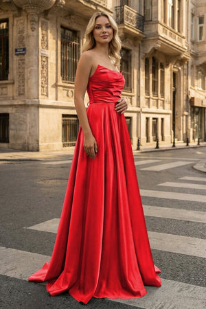Strapless Sage Green Satin A - line Long Prom Dress With Slit - KissProm