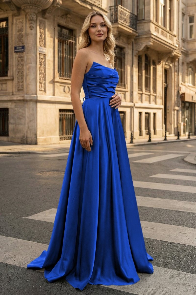 Strapless Sage Green Satin A - line Long Prom Dress With Slit - KissProm