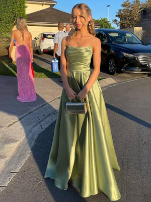KissProm-Tanzie Strapless Sage Green Satin A-line Long Prom Dress With Slit