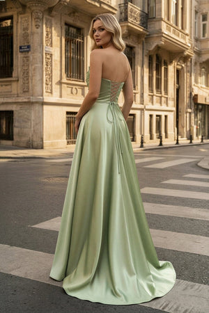Strapless Sage Green Satin A - line Long Prom Dress With Slit - KissProm