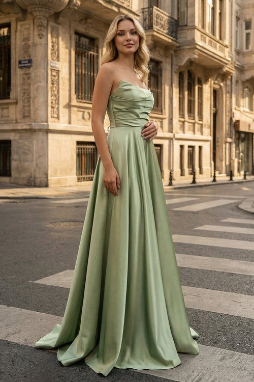 Strapless Sage Green Satin A - line Long Prom Dress With Slit - KissProm