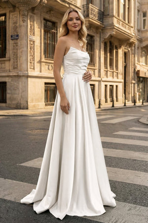 Strapless Sage Green Satin A - line Long Prom Dress With Slit - KissProm