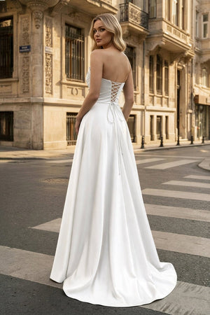 Strapless Sage Green Satin A - line Long Prom Dress With Slit - KissProm