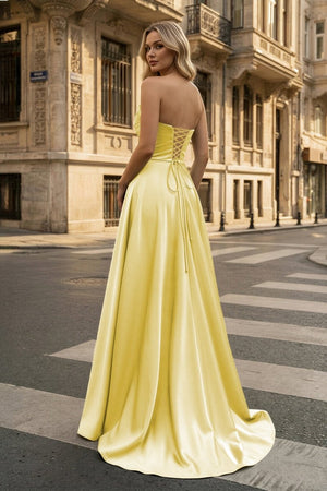 Strapless Sage Green Satin A - line Long Prom Dress With Slit - KissProm