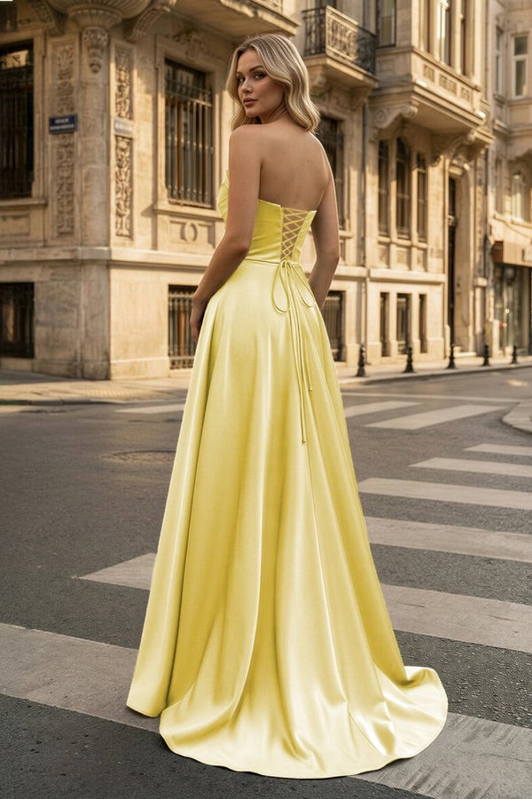 Strapless Sage Green Satin A - line Long Prom Dress With Slit - KissProm