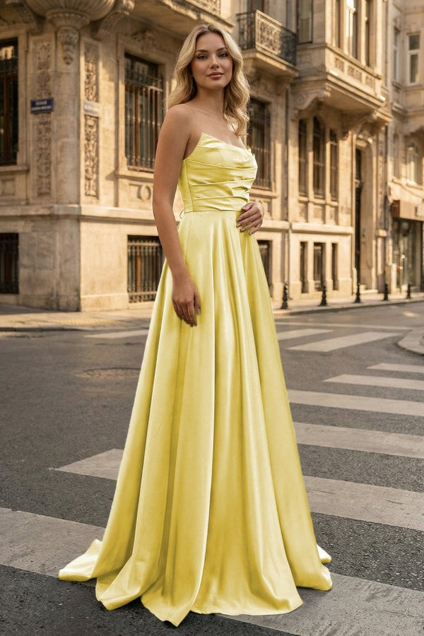 Strapless Sage Green Satin A - line Long Prom Dress With Slit - KissProm