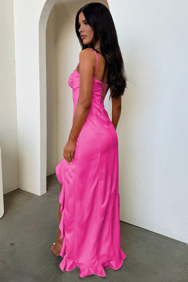 Tarian | Hot Pink - Sheath Satin Sweetheart Long Prom Dresses with Ruffles - KissProm