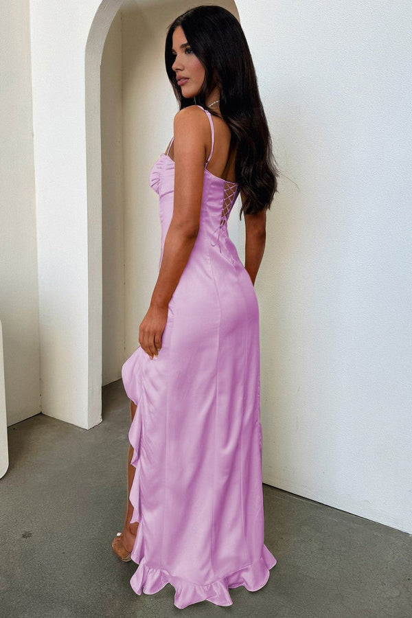 Tarian | Lilac - Sheath Satin Sweetheart Long Prom Dresses with Ruffles - KissProm