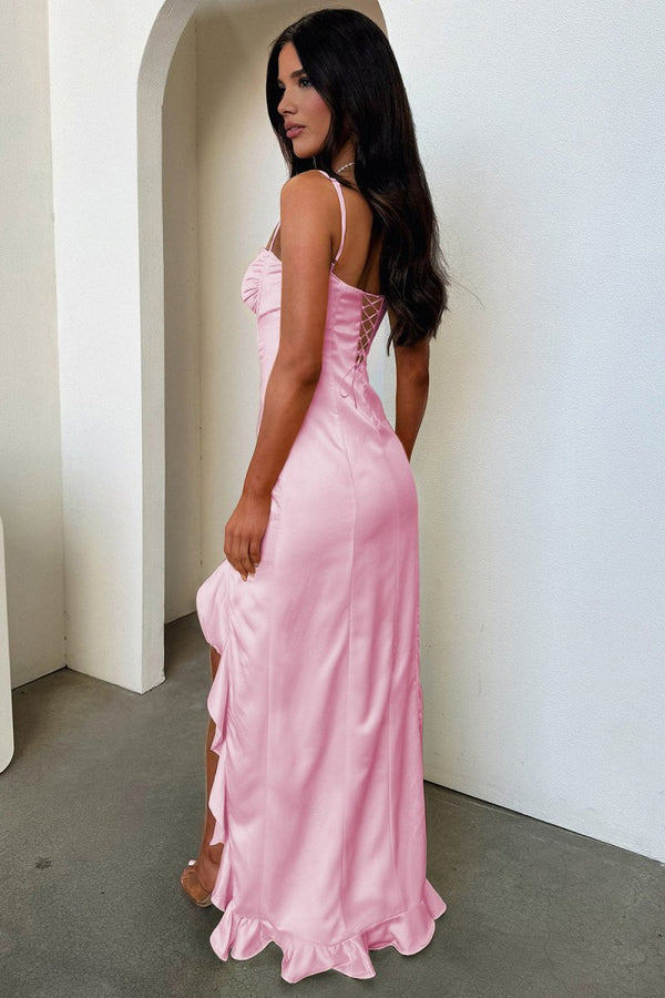 Tarian | Pink - Sheath Satin Sweetheart Long Prom Dresses with Ruffles - KissProm