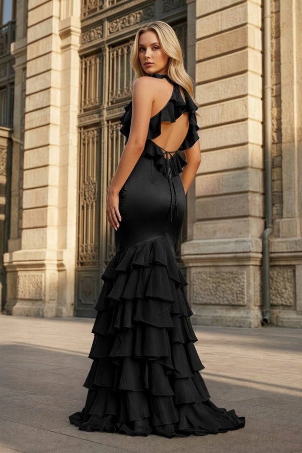 Yellow V Neck Satin Mermaid Ruffles Long Prom Dress - KissProm
