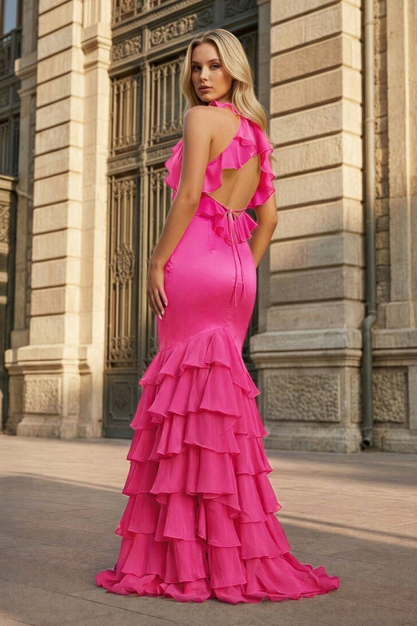 Yellow V Neck Satin Mermaid Ruffles Long Prom Dress - KissProm