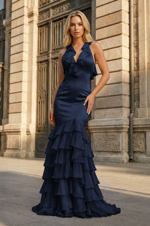 Yellow V Neck Satin Mermaid Ruffles Long Prom Dress - KissProm