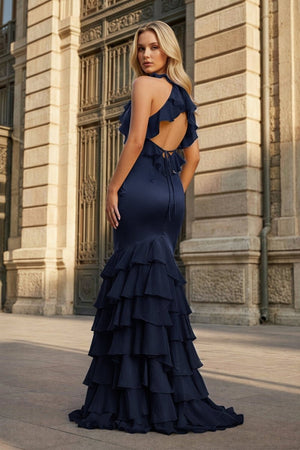 Yellow V Neck Satin Mermaid Ruffles Long Prom Dress - KissProm
