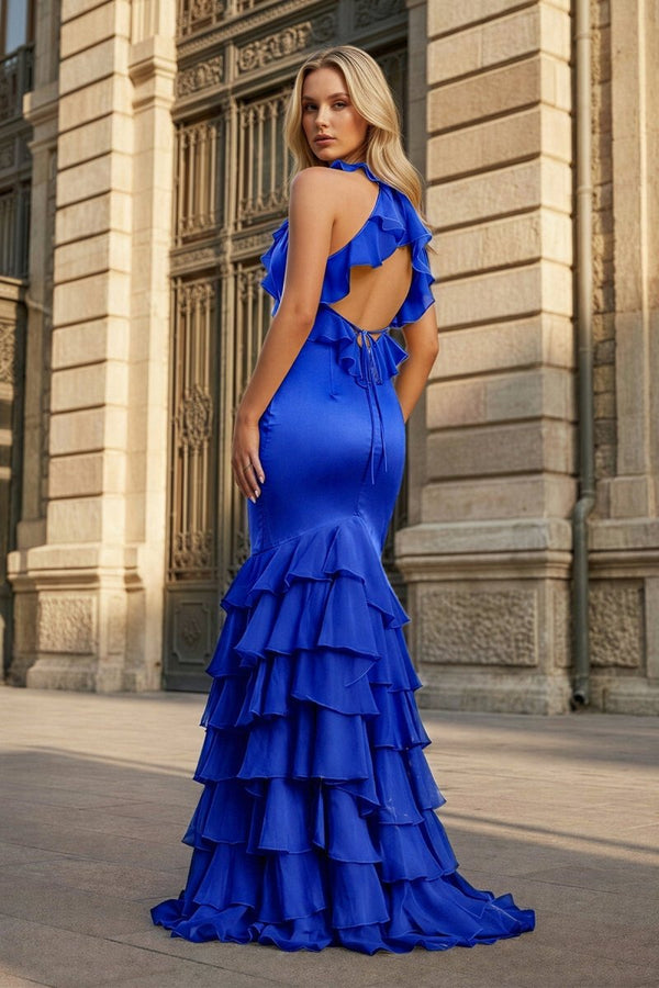 Yellow V Neck Satin Mermaid Ruffles Long Prom Dress - KissProm