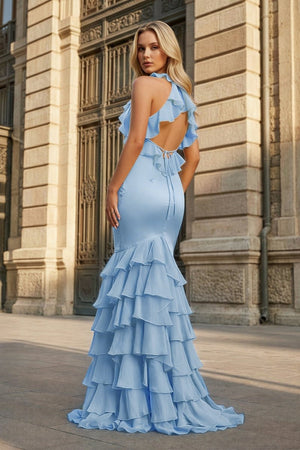 Yellow V Neck Satin Mermaid Ruffles Long Prom Dress - KissProm