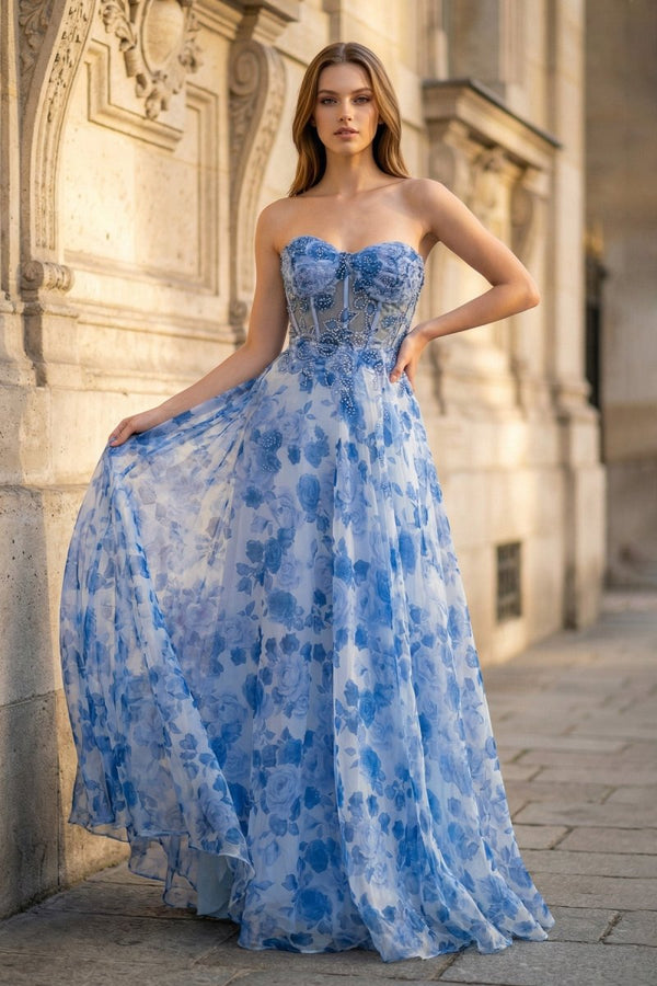 Strapless Printing Sweetheart Beads A - Line Prom Dress - KissProm
