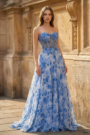 Strapless Printing Sweetheart Beads A - Line Prom Dress - KissProm