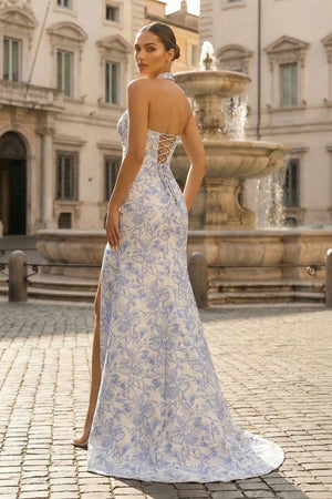 Sky Blue Halter Floral Jacquard Mermaid Long Formal Prom Dresses With Slit - KissProm