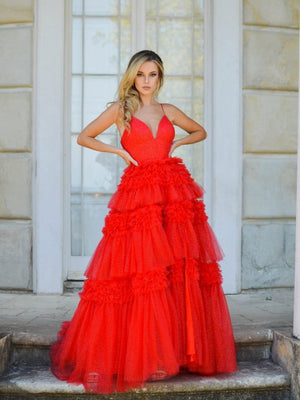 Tulle Deep V Neck Spaghetti Straps Long Prom Dress – Prom Dress by KissProm | Available at KissProm