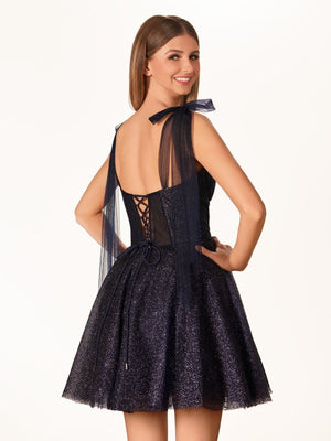 Tie Shoulder White Spraying A-Line Short Party Dress – Homecoming Dresses by KissProm | Available at KissProm