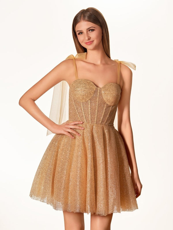 Tie Shoulder White Spraying A-Line Short Party Dress – Homecoming Dresses by KissProm | Available at KissProm