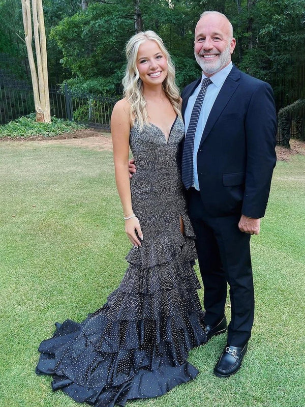 Topaz | Black V Neck Mermaid Long Prom Dress With Beading