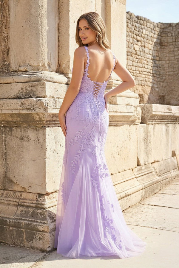 Mermaid Spaghetti Straps Lavender Lace Long Prom Dresses with Appliques – Prom Dresses by KissProm | Available at KissProm