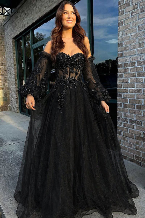 Pink Tulle Strapless A - Line Prom Dress with Balloon Sleeves - KissProm
