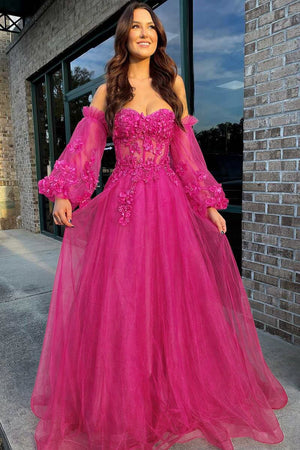 Pink Tulle Strapless A - Line Prom Dress with Balloon Sleeves - KissProm